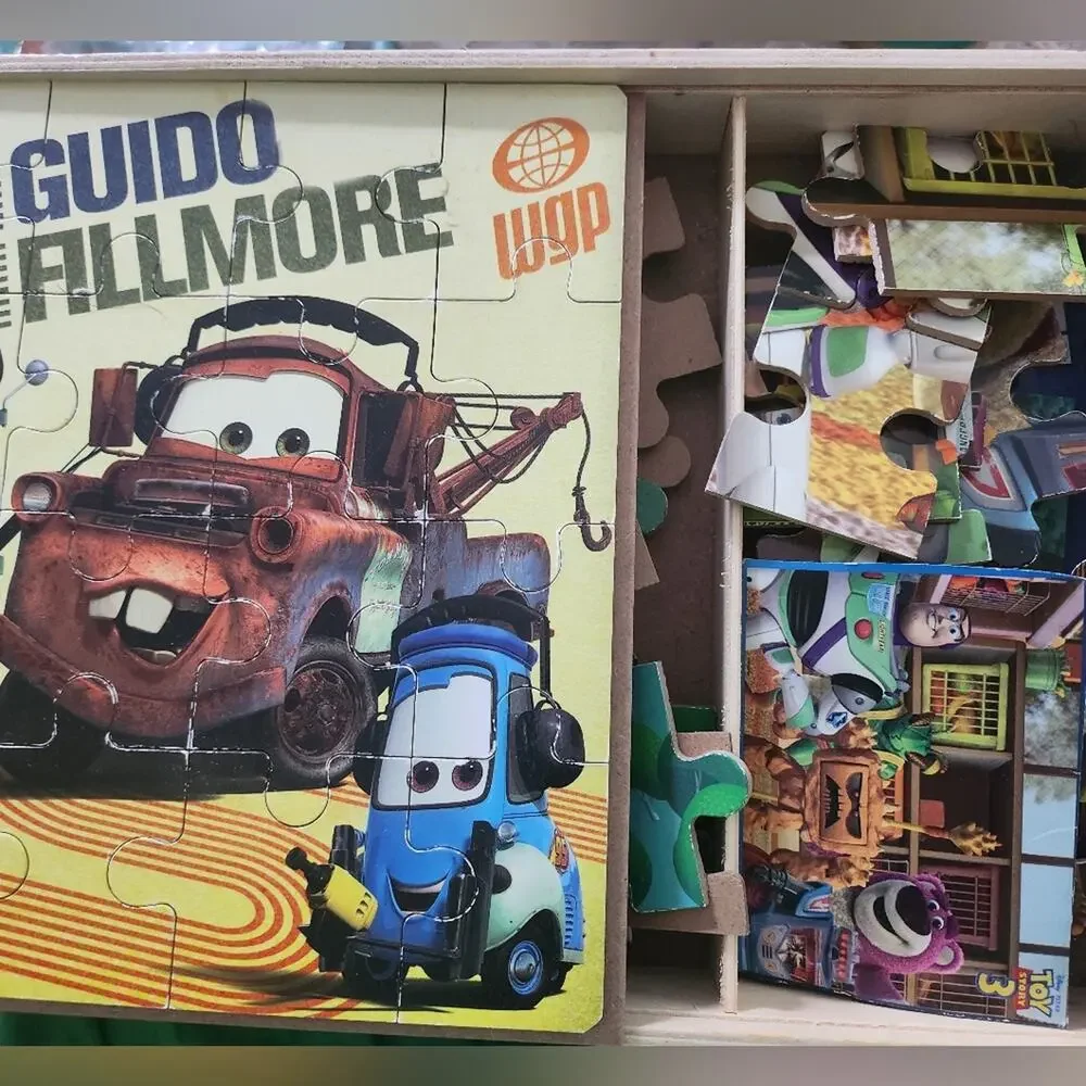 Disney Pixar Wooden Puzzle Box With 3 Puzzles